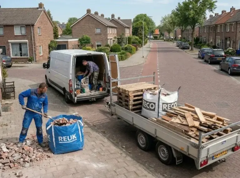 Ophalers scheppen puin in een big bag en laden sloophout in de aanhanger