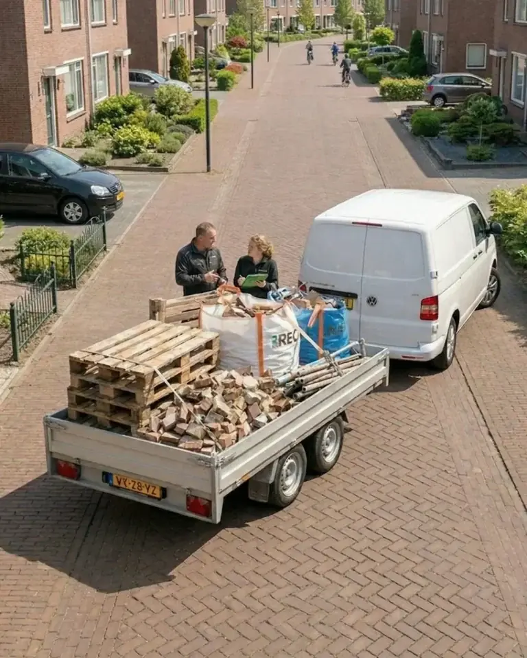 Aanhanger vol bouw- en sloopafval met pallets, puin en een big bag in Zutphen
