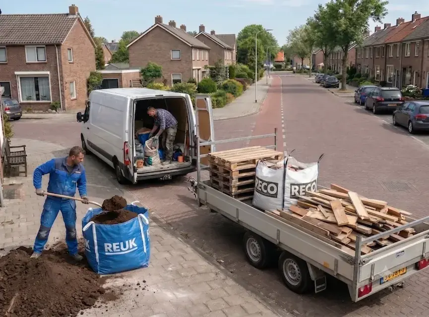 Ophaler schept zand in een big bag naast de aanhanger