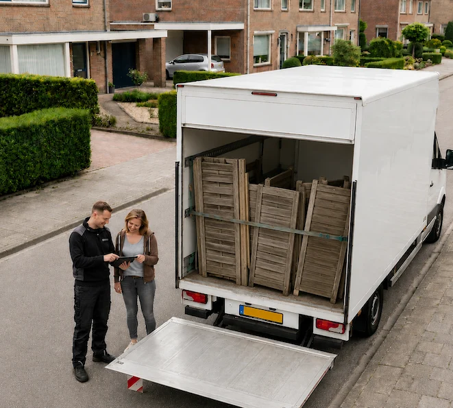 Bakwagen met laadklep vol sloophout, gestapeld en vastgezet met spanbanden