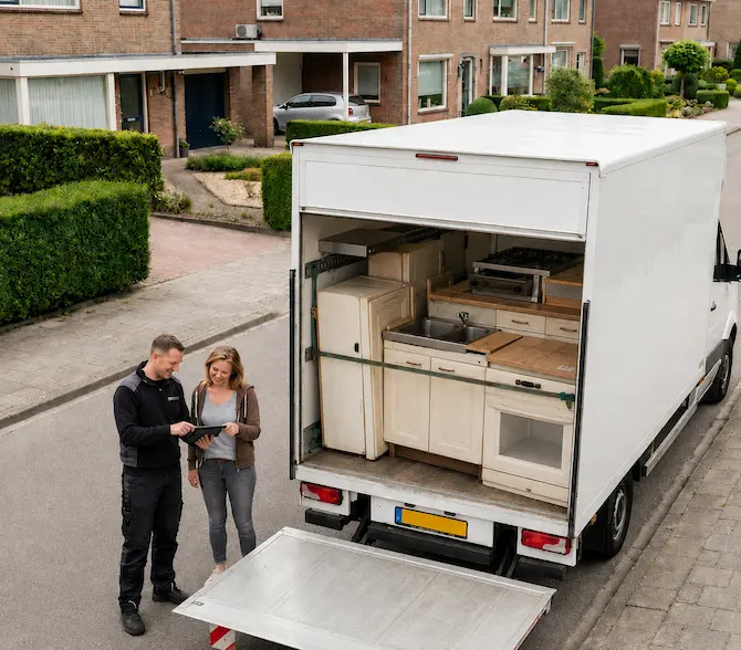 Bakwagen met laadklep vol gedemonteerde keuken: kastjes, spoelbak, oven en koelkast