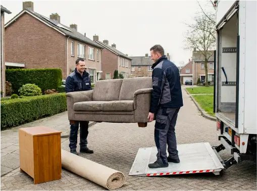 Ophaaldienst tilt een bank de verhuiswagen in