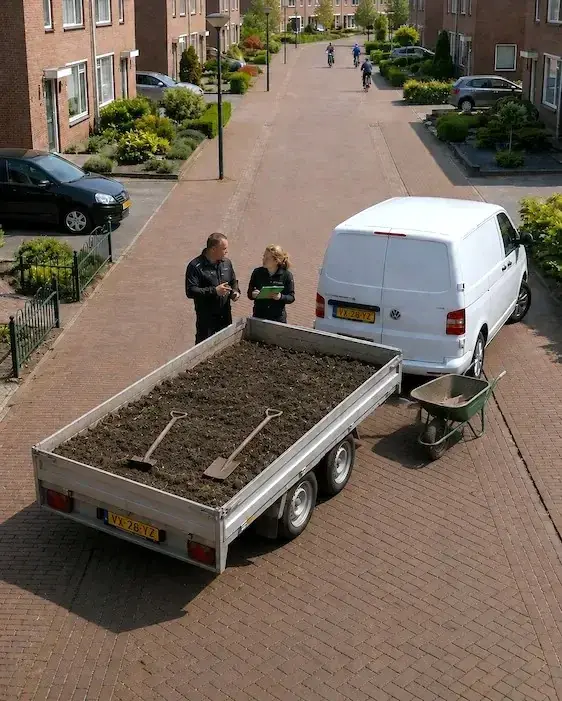 Aanhanger vol zand met twee scheppen erin, klaar om afgevoerd te worden