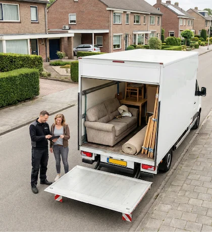 Afvalophaler laadt een bank in de bus