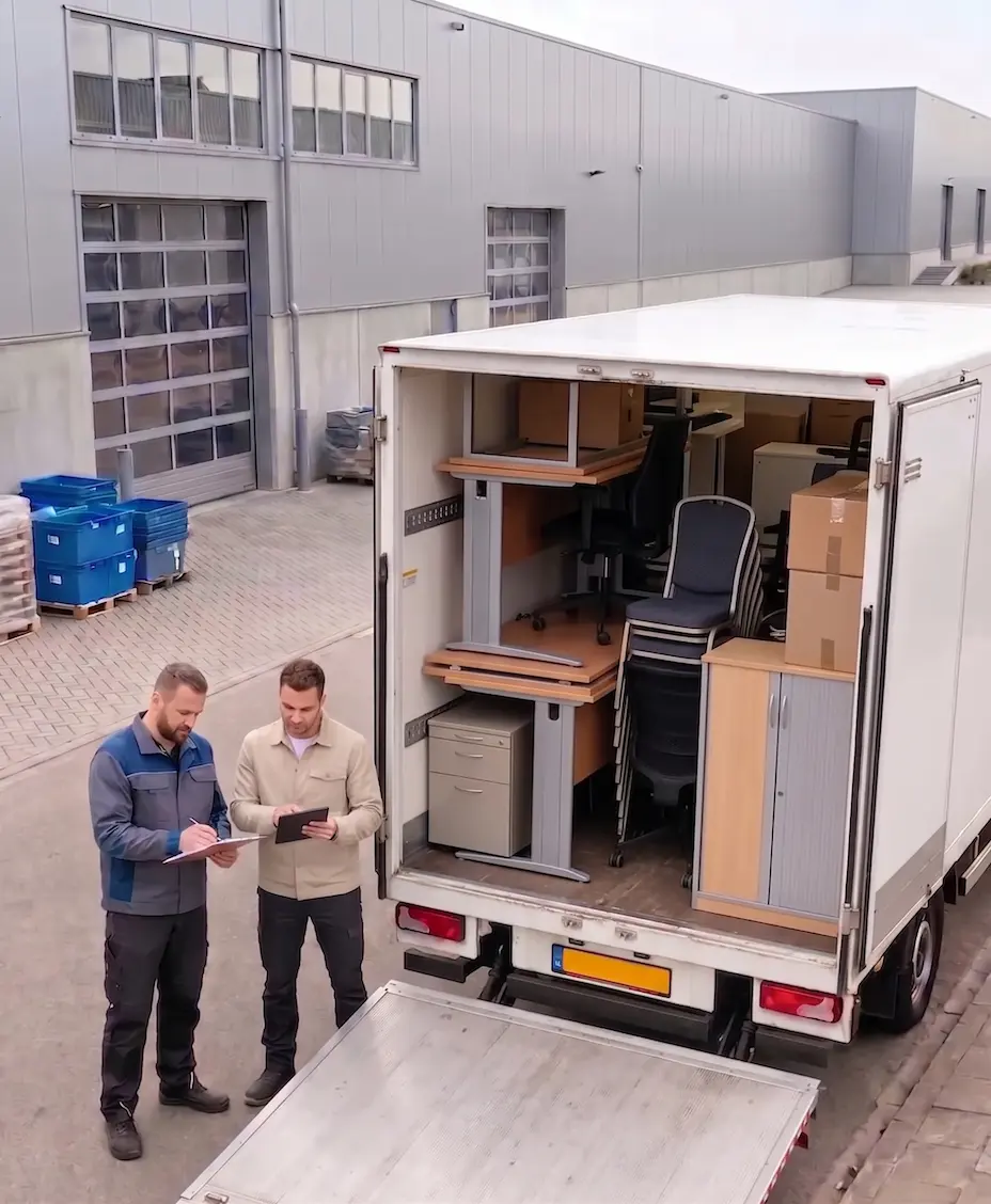 Bakwagen bij een bedrijfspand vol bureaus, bureaustoelen en archiefkasten