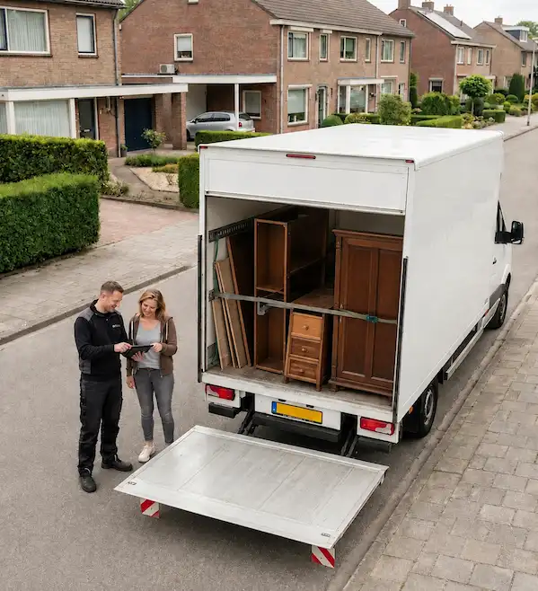 Ophaaldienst laadt oude kasten in de bus