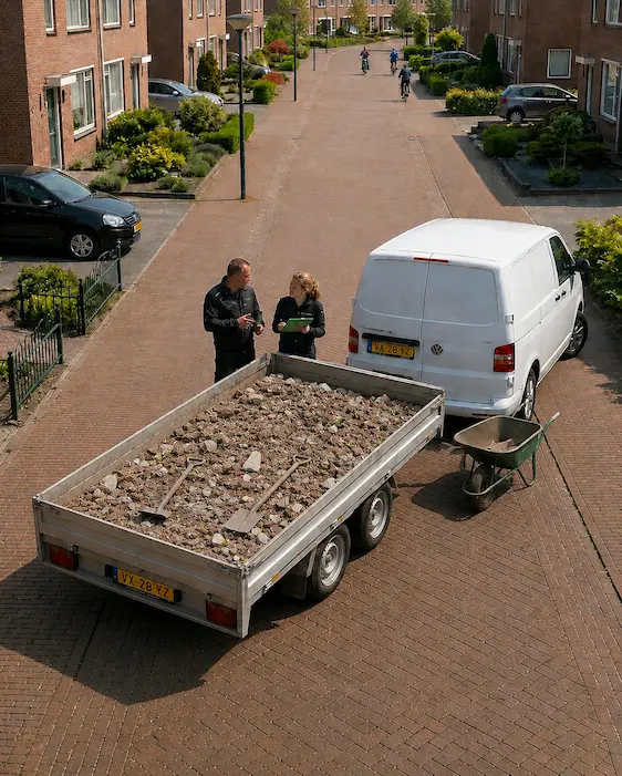Aanhanger vol puin en brokken beton klaar om opgehaald te worden