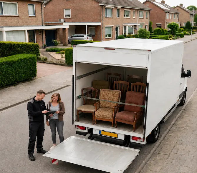 Bakwagen met laadklep vol oude fauteuils en eetkamerstoelen klaar om opgehaald te worden
