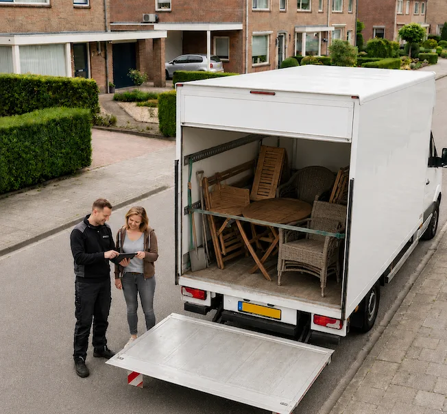 Bakwagen met laadklep vol oude tuinmeubels: houten klapstoelen, een tuintafel en rieten stoelen