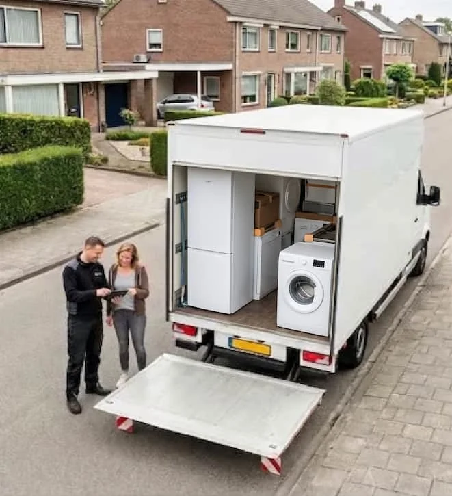 Een koel-vriescombinatie en een wasmachine in de laadbak van een ophaalwagen