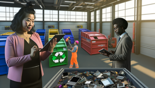 alt_text: Een vrouw inspecteert een laptop scherm, terwijl diverse volwassenen elektronische apparaten recyclen.