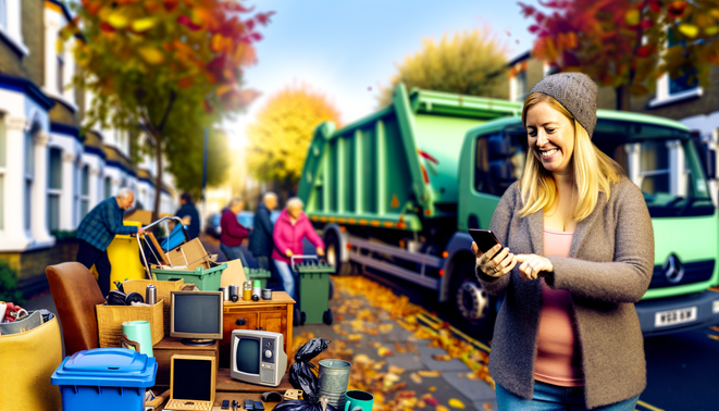 alt_text: Vrouw met smartphone organiseert grofvuilophaling via app, omringd door meubels en lachende chauffeur.