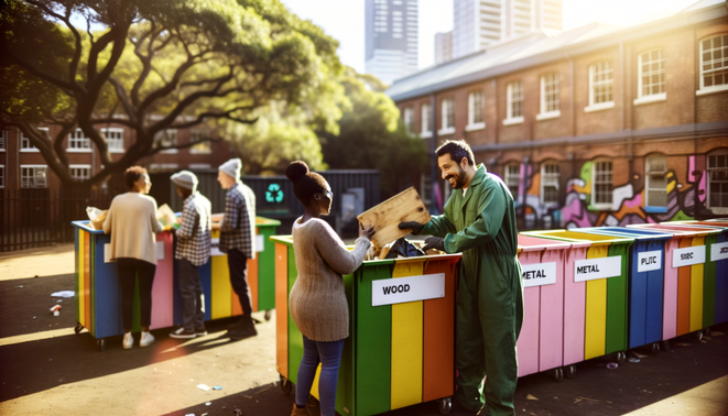 alt_text: Groene samenwerking in de stad: samen grofvuil scheiden bevordert recycling en milieubewustzijn.