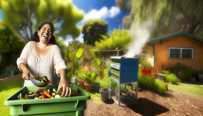alt_text: Vrouw verzamelt tuinafval voor compost, toont recyclingproces en gemeenschapsactiviteit.