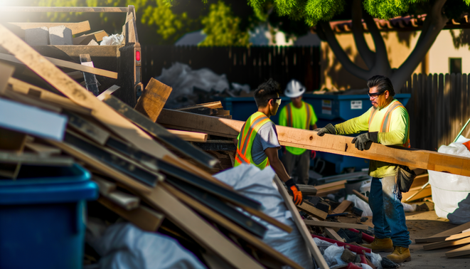 alt_text: A dynamic scene of a contractor removing debris without a container, showcasing teamwork and focus.