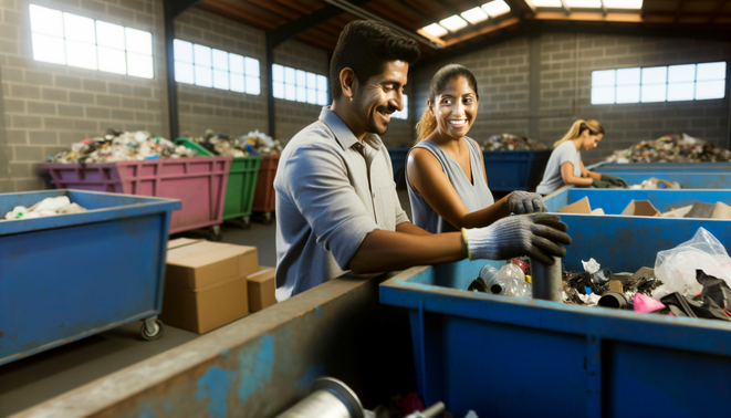 alt_text: Arbeiders sorteren grofvuil in een modern recyclingcentrum, met focus op samenwerking en technologie.