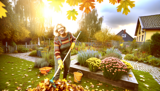 alt_text: Vrouw ruimt kleurrijke herfstbladeren op in een charmante tuin, omringd door bloemen en vogels.