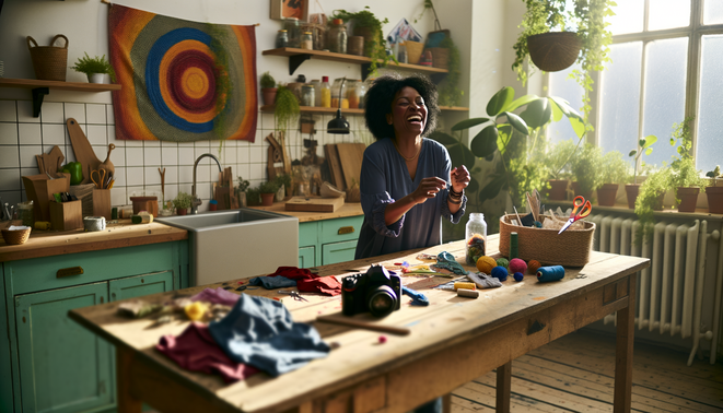 alt_text: Vrouw in zonnige keuken recycleert materialen, maakt creatieve decoraties en verbindt met de natuur.