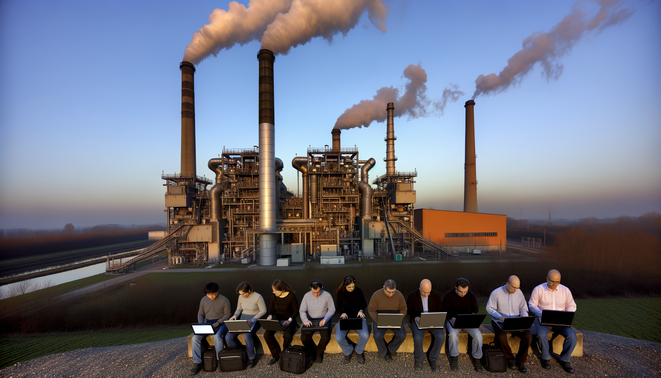 alt_text: Ingenieurs monitoren een afvalenergiecentrale, terwijl rook en stoom uitdagend de lucht in stijgen.