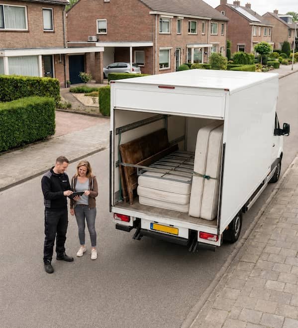 Ophaaldienst laadt een oud bed en matrassen in de bus