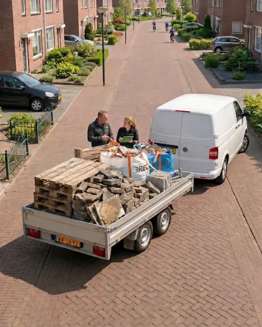 Aanhanger vol oude bakstenen en stenen klaar om opgehaald te worden